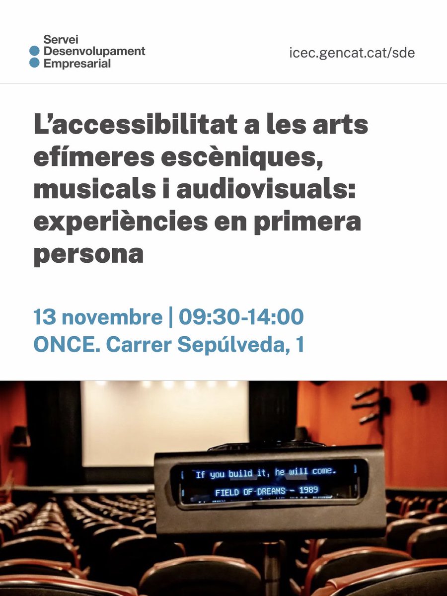sdeicec's tweet image. ❗️No et perdis la jornada sobre accessibilitat en els esdeveniments culturals efímers d’arts escènqiues, música i audiovisual.

📆 13 novembre
🕒 9:30 h – 14:00 h

Consulta’n el programa ⤵️
sde.cultura.gencat.cat/els-cursos/l-a…