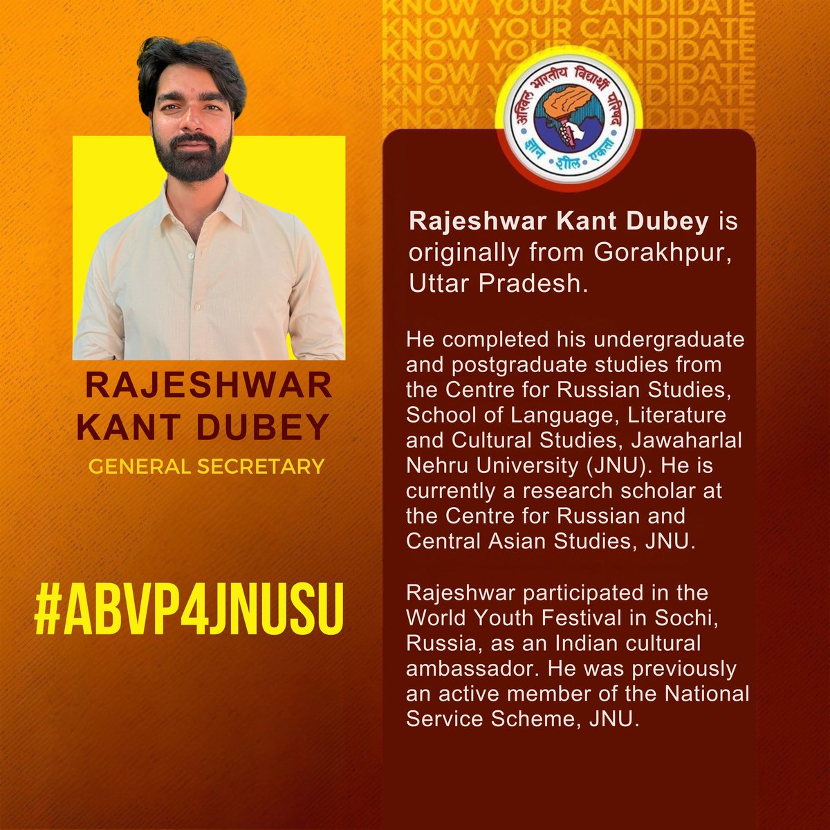abvpjnu's tweet photo. Rajeshwar Kant Dubey ABVP’s General Secretary Candidate for JNUSU 🇮🇳
Hailing from Gorakhpur, Uttar Pradesh, He represents dedication, discipline, and deep cultural understanding.
A research scholar at JNU’s Centre for Russian and Central Asian Studies. https://t.co/nBHLSd4J9Q
