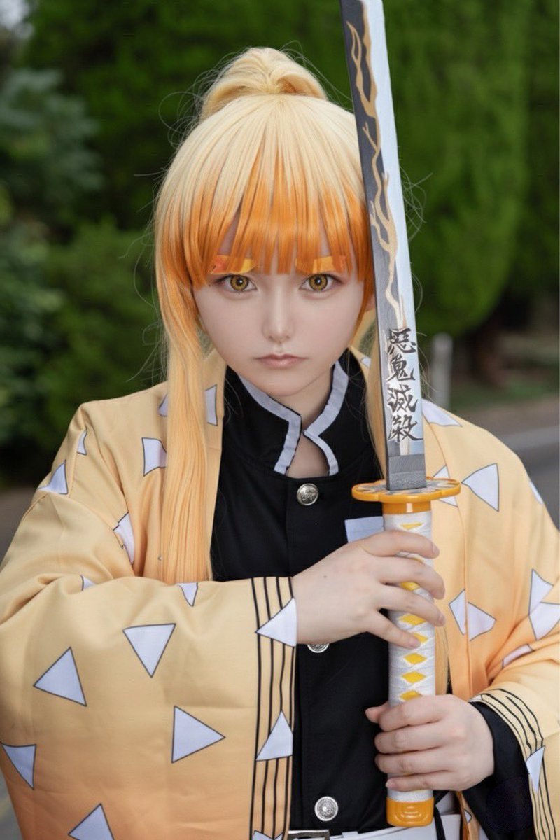 獪岳 善逸　コスプレセット 鬼滅の刃 我妻善逸 コスプレ衣装 ＋ウィッグ セット+日輪刀