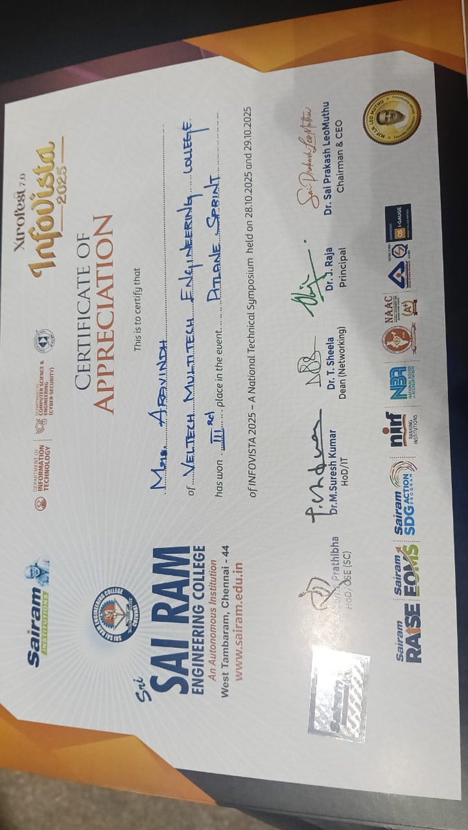 VelMultitech99's tweet image. 🎉 Proud moment for the CSE Department!
Our students Aravind D, V. Divakar, and S. Dhinesh Kumar (Batch 2024–2028) secured 3rd Place in the “Pitlane Sprint” at Infovista 2025, hosted by Sri Sairam Engineering College.
Kudos to the team