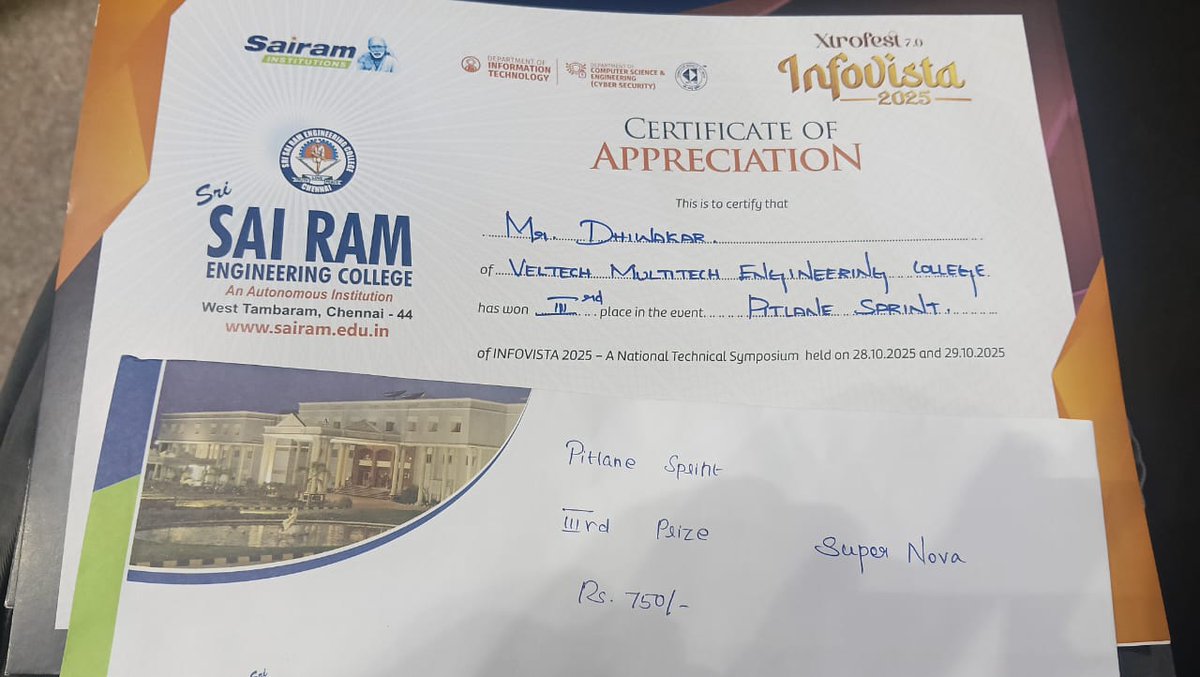 VelMultitech99's tweet image. 🎉 Proud moment for the CSE Department!
Our students Aravind D, V. Divakar, and S. Dhinesh Kumar (Batch 2024–2028) secured 3rd Place in the “Pitlane Sprint” at Infovista 2025, hosted by Sri Sairam Engineering College.
Kudos to the team