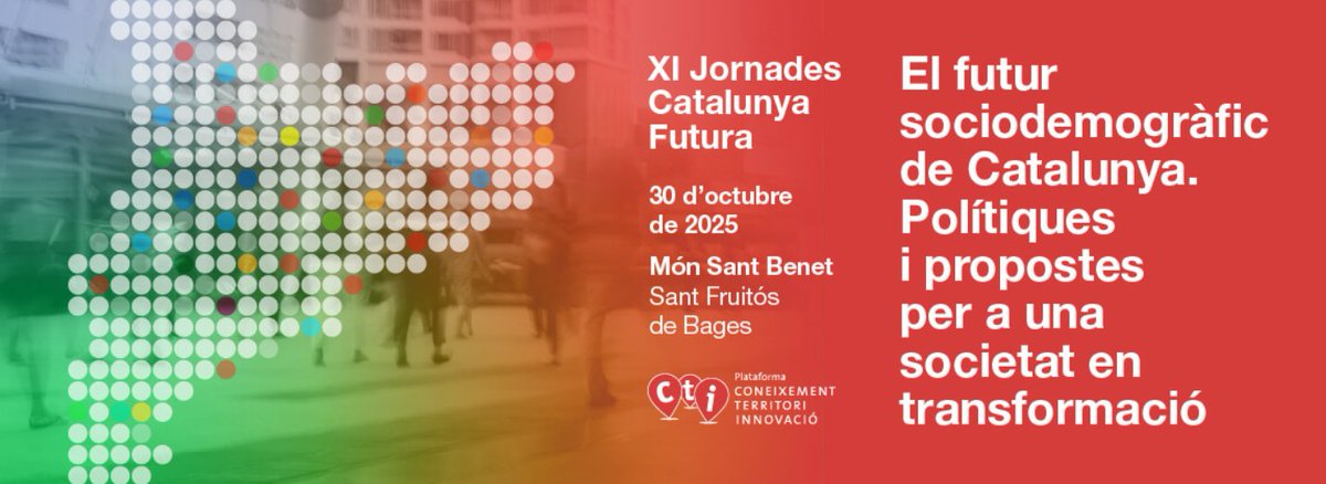 🟢En marxa les XI Jornades #CatalunyaFutura.
A partir de les projeccions de població elaborades per l'<a href="/idescat/">Idescat</a>, al llarg de les diferents sessions de treball s’abordaran els reptes de la formació, el mercat de treball i l’envelliment, amb l’objectiu de reforçar una agenda comuna.