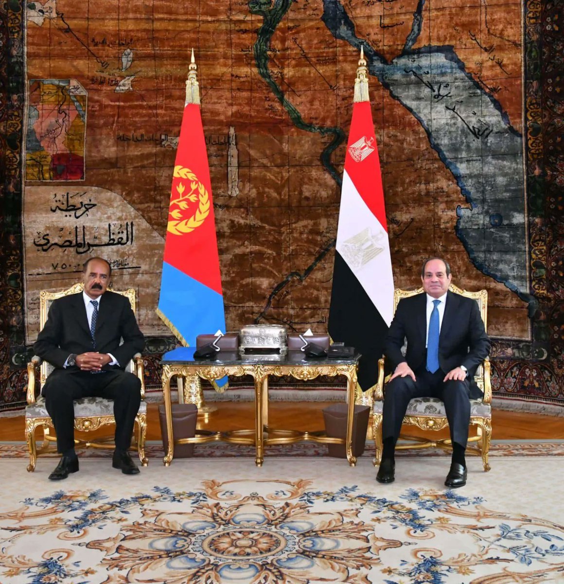 khaledmahmoued1's tweet photo. Eritrean President Isaias Afwerki has begun an official five-day visit to Egypt, during which he will take part in the inauguration of the new Egyptian Museum.
He is expected to discuss with President Abdel Fattah El-Sisi the situation in Sudan, developments in the Horn of Africa and the Red Sea region, as well as bilateral relations.