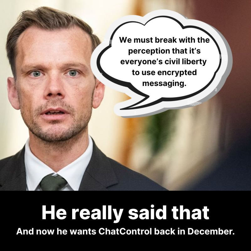wire's tweet image. They’re bringing #ChatControl back. Yes, seriously.
Denmark’s Justice Minister, who once said encryption isn’t a civil liberty, wants another go at EU-wide surveillance. They’re not done attacking privacy, just regrouping.
Don&apos;t forget: Privacy is a right. #encryption