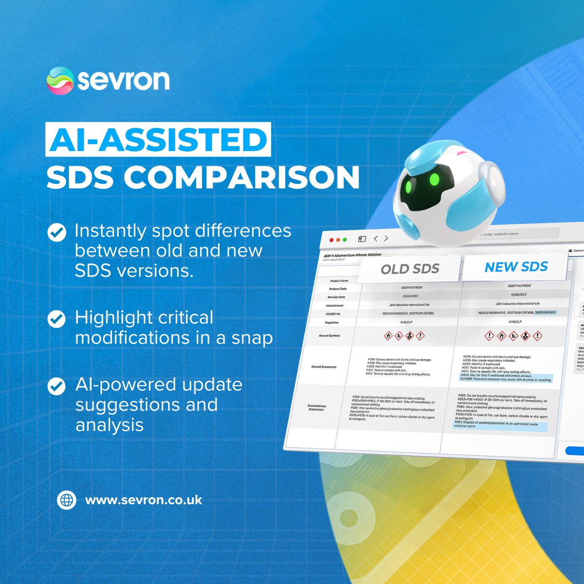 SevronLtd's tweet image. Stay compliant and eliminate errors with Safety365’s AI-Assisted SDS Comparison feature!
The system automatically detects and highlights every change between old and new Safety Data Sheets, helping you verify updates with total accuracy.
Review updates side by side or in a…
