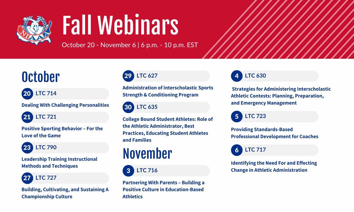 💥 Fall Webinars are underway, but it’s not too late to join us! 💥

Sessions continue through Nov 6, weeknights 6–10 PM EST. Explore fresh topics with national faculty

➡️ bit.ly/42ip0bH

#NIAAAWebinars