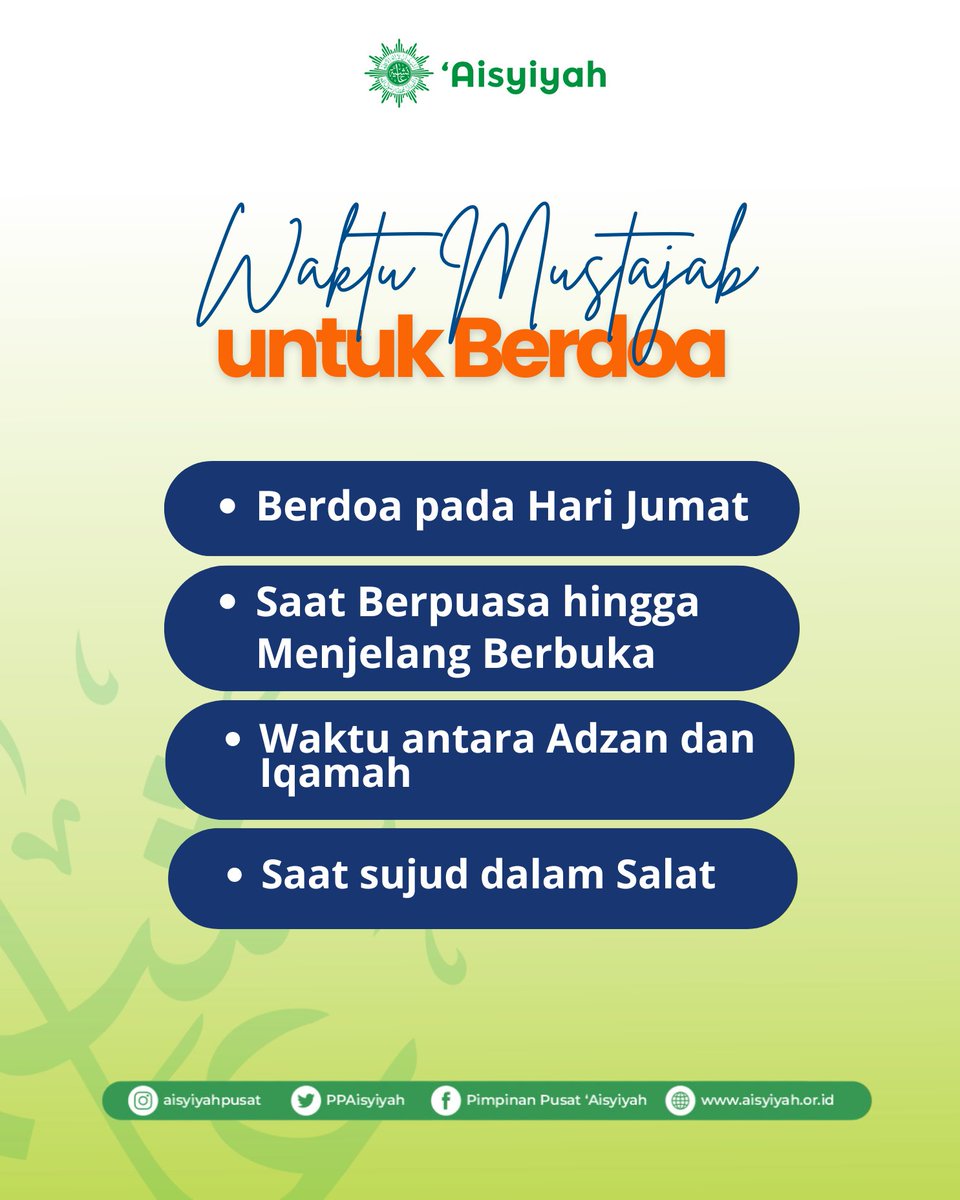 PPAisyiyah's tweet photo. Dalam berdoa, iman merupakan syarat mutlak yang tidak dapat digugat. Tanpa kesadaran iman yang penuh, doa barangkali tidak akan pernah terkabul. Selain itu, berdoa pada waktu-waktu tertentu sangat potensial diterima Allah Swt. 

#Berdoa #Islam #Ibadah #Aisyiyah https://t.co/LfmD4F5DBt