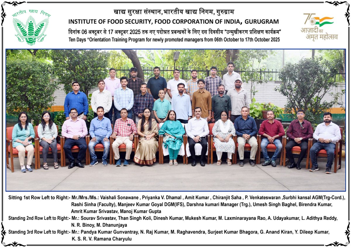 A 10 days orientation training program for newly promoted managers was successfully conducted at Institute of Food Security, Gurugram from 06.10.2025 to 17.10.2025.