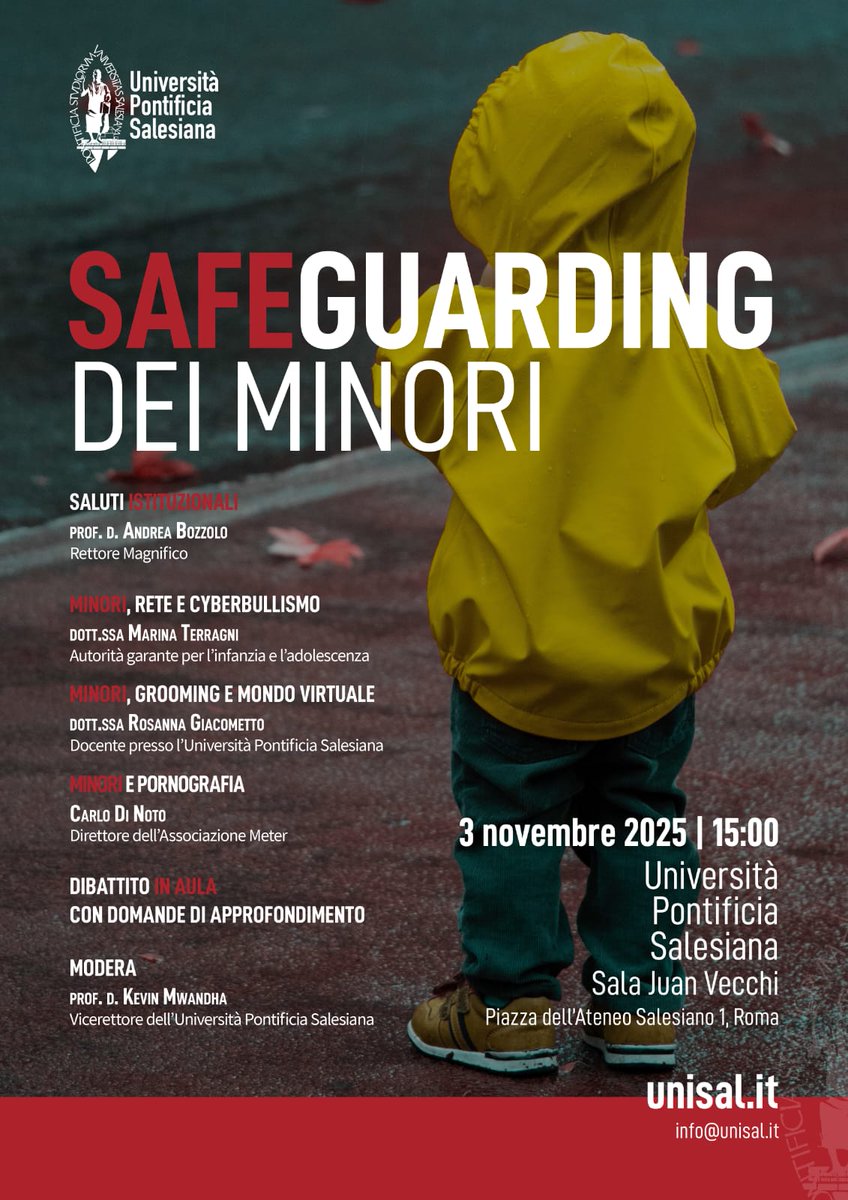 copercom's tweet image. “Safeguarding dei minori”, giornata di studio alla @Uni_Salesiana
Il 3 novembre a Roma interverranno tra gli altri Marina Terragni (garante infanzia e adolescenza: @agiasocial) e Carlo Di Noto (direttore @meter_onlus)
👉copercom.it/safeguarding-d…