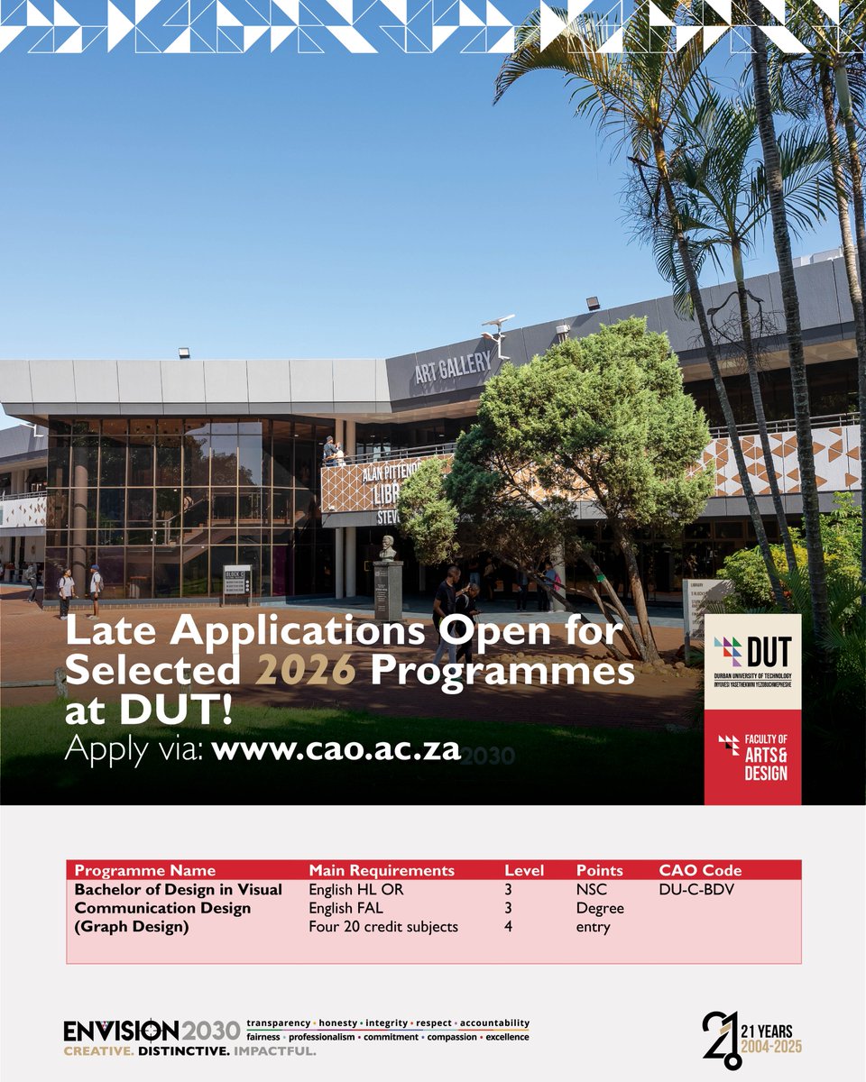 Bring your creativity to life at DUT!
Apply for the Bachelor of Design in Visual Communication Design (Graphic Design) and turn your passion into a profession.
📷 Apply via cao.ac.za

#DUT #DUTArtsAndDesign #IAMDUT #CreateTheFutureYouWant@DUT