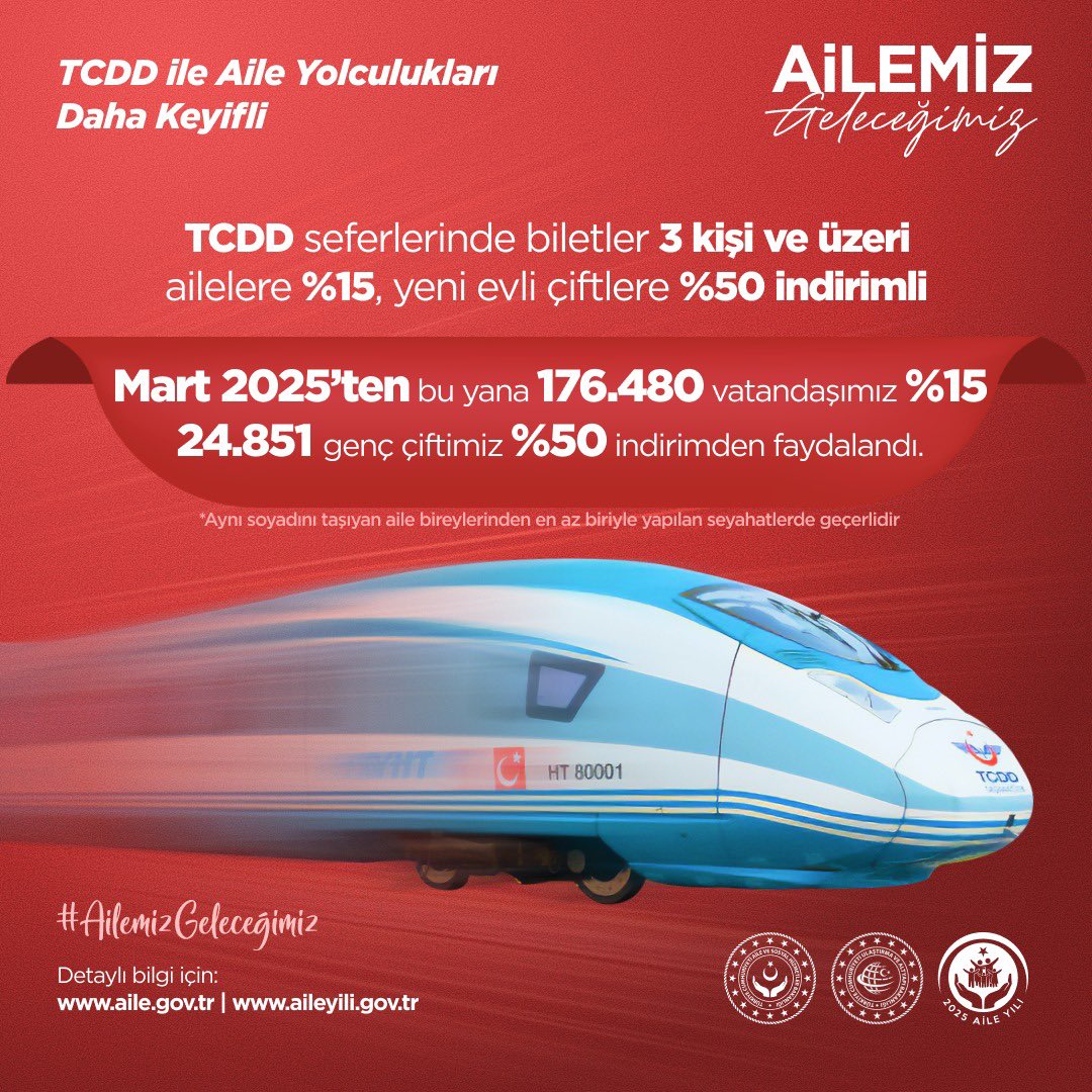 Ailenizle birlikte çıkacağınız her yolculuk artık daha keyifli! 🚂

#AileYılı'nda mesafeleri kısaltmaya devam ediyoruz.

Türkiye Cumhuriyeti Devlet Demiryolları (TCDD) seferlerinde üç kişi ve üzeri aileler için biletler %15 indirimli, yeni evli çiftler için %50 indirimli.

Mart