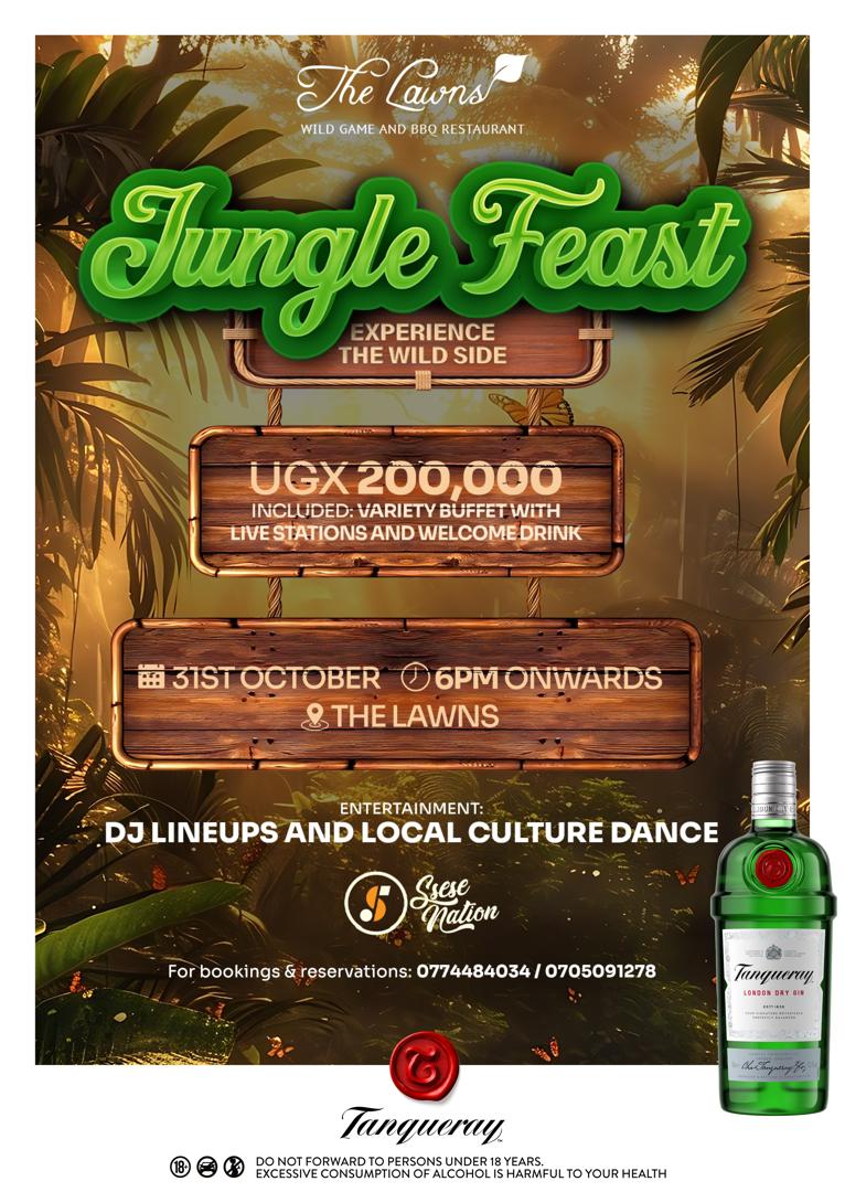 Calling all adventurous foodies! 🤤This Friday, we feast!

Experience the wild side at The Jungle Feast happening at The Lawns this 31st October. We're talking 🍖 a variety buffet, wild game stations, 🍸welcome drink,🎧 Ssese Nation DJs, cultural dancers &amp; so much more!

Book Now
