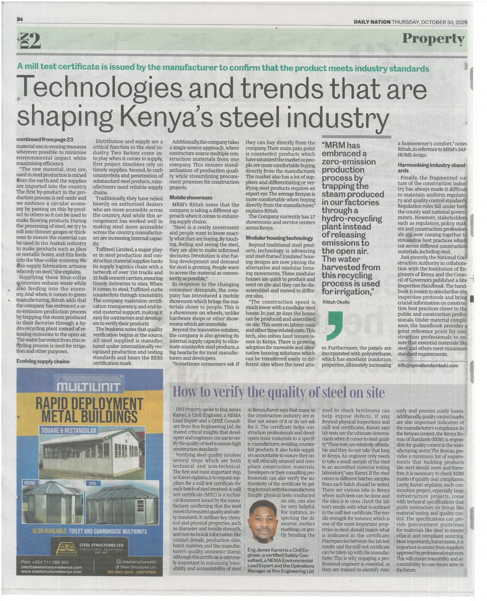 RoxEngineers's tweet image. Proud to see our Operations Manager @jameskarori featured in @NationAfrica&apos;s Daily Nation, discussing steel quality, materials, and the importance of engaging Engineers in Kenya’s construction sector.
 
🔗: epaper.nation.africa/read/release/1…

 #RoxEngineering #Kenya roxengineering.co.ke