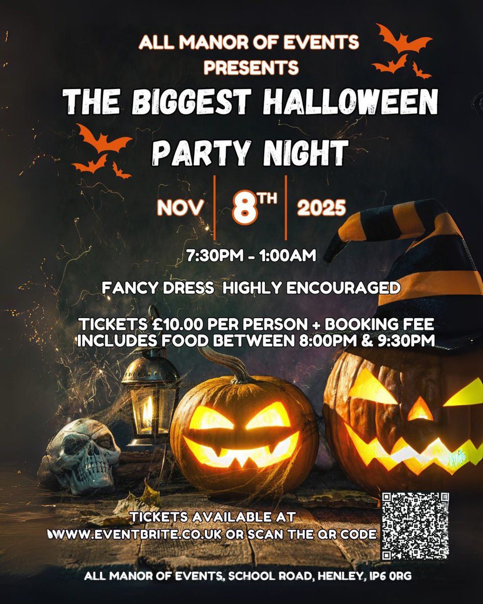 🎃💀 LAST CALL! LIMITED TICKETS AVAILABLE

🗓️ Sat 8 Nov 2025
🕢 7:30PM–1AM
📍 All Manor of Events, Henley

🎟️ £10 (+fee) incl. food 👻
🎭 Fancy dress encouraged!

🎫  eventbrite.co.uk/e/halloween-pa… 

#HalloweenParty #AllManorOfEvents #SuffolkPartyNight