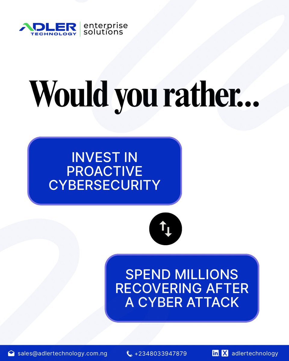 adlertechnology's tweet image. Smart businesses secure before they’re attacked not after.
Prevention costs less than recovery.
Secure your business early.

#AdlerTechnology #CyberSecurity #Microsoft #Cisco #PaloAlto #EnterpriseSolutions #CloudSecurity #DataProtection #BusinessSolutions