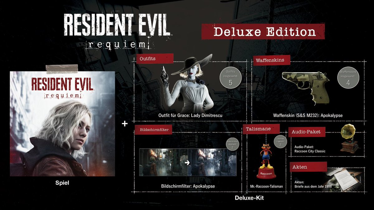 Die Deluxe-Edition enthält das komplette Spiel und weitere Zusatzinhalte:

- 5 Kostüme
- 4 Waffen-Skins
- 2 Anhänger
- 2 Bildschirmfilter
- Custom Soundpaket
- Zusätzliche Spiel-Dateien

Alle Details: 
residentevil.com/requiem/produc…