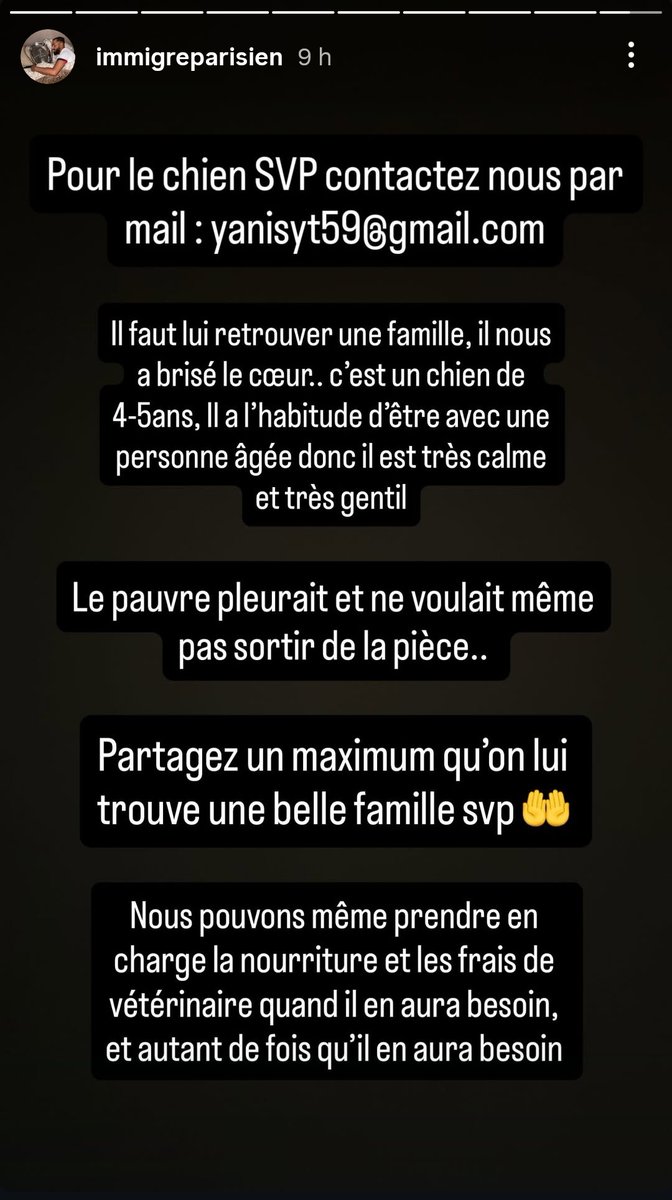 Salut les gars, ça serait le père de la femme à Yanis qui serait décédé, Allah y rahmo 🤲❤️ 
Le père vivait seul avec un chien et <a href="/ImmigreParisien/">L’immigré Parisien</a> aurait besoin d'une personne pour le récupérer et s'en occuper 🐕
Je compte sur vous pour partager ça afin qu'il trouve une famille🙏