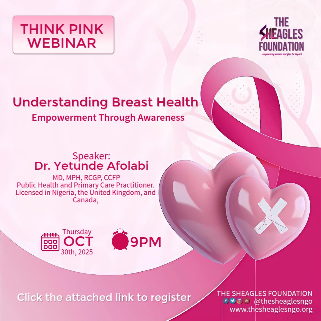 TemiAdeyiga's tweet photo. HAVE YOU REGISTERED?
TODAY! 🎀...We go LIVE for the Think Pink Webinar — Understanding Breast Health: Empowerment Through Awareness.

🔗 Click the link to register!https://t.co/V9ah8ED87Q
Together, we Think Pink for strength, awareness, and hope. 💪🏽💗 https://t.co/CclFBfDWRk