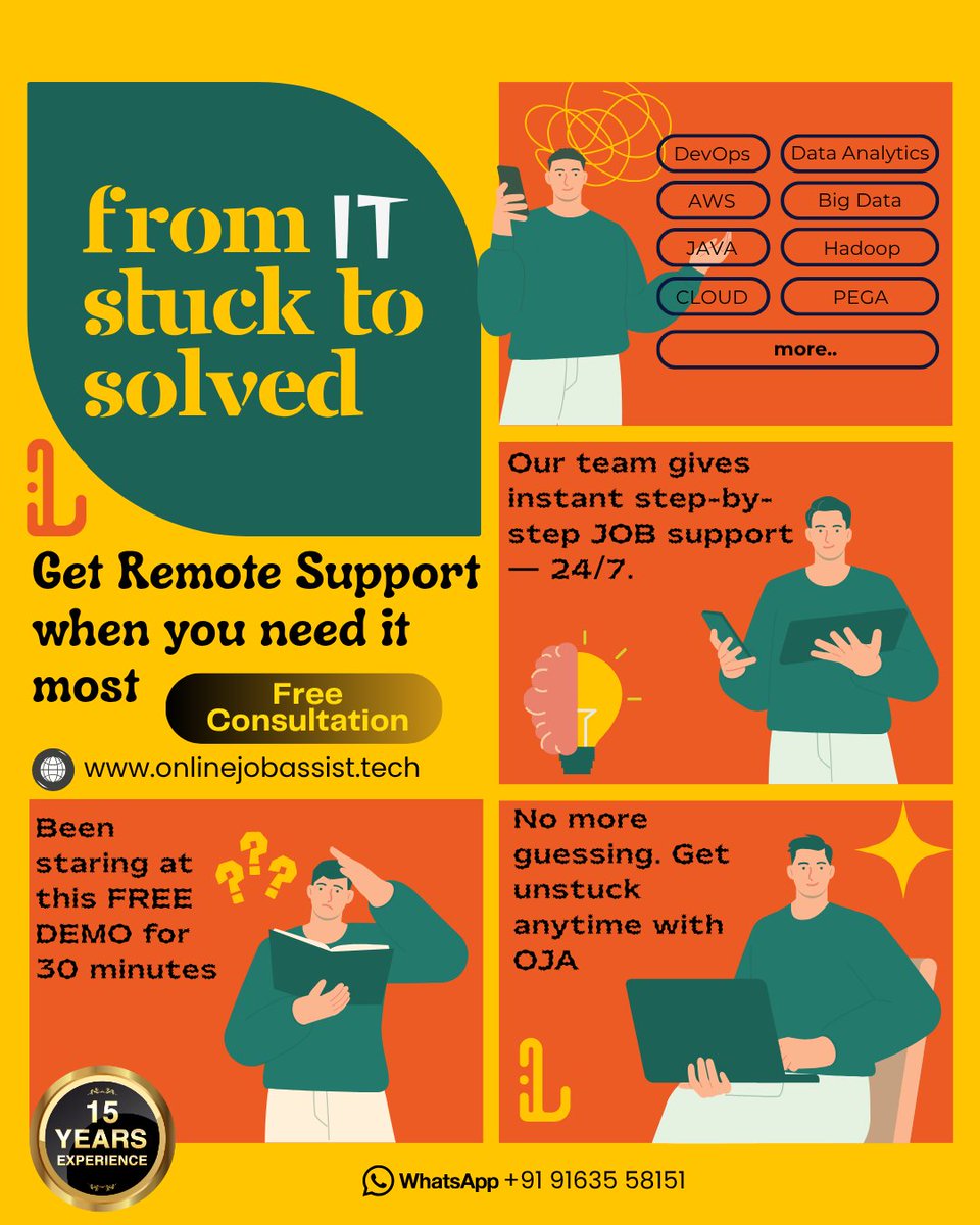 IT_JobSupport's tweet image. 🚀 From IT Stuck to Solved! 💡

Struggling with your project or daily technical tasks? Don’t worry — Online Job Assist (OJA) has your back!

🌐 Visit: onlinejobassist.tech

📞 WhatsApp: +91 91635 58151

💬 Don’t stay stuck — connect with OJA and solve your IT challenges today!