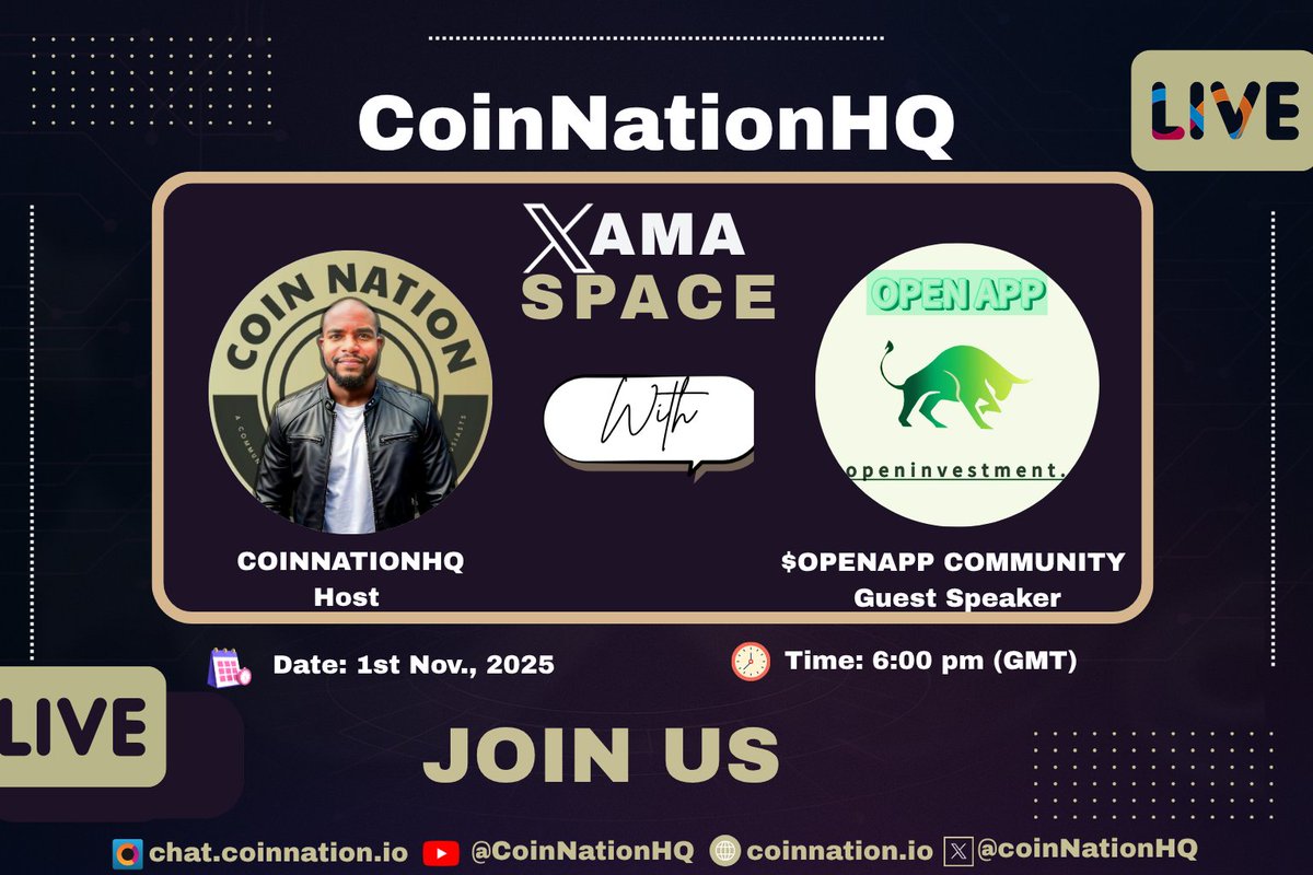 TheMcCoy_'s tweet photo. AMA Announcement: OpenApp x CoinNationHQ
ποΈ Date: 1st November, 2025
β Time: 6pm GMT/UTC
π Platform: X (Twitter)
π₯ Weβre going LIVE with OpenApp β the team behind Open Investment!
#AMA #Crypto #Web3 #OpenApp #CoinNationHQ #OpenInvestment https://t.co/wAuw3nQrhE