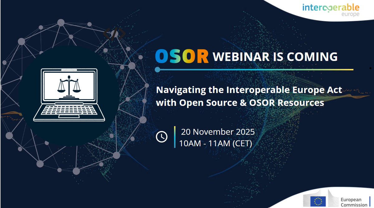 Interested to learn how #OpenSource can help you to align your and other public administrations with the requirements of our #InteroperableEuropeAct?

On 20 November, the newest <a href="/OSOReu/">OSOR community</a> webinar will show you how!

Register here to find out:
👉link.europa.eu/DkX6xm