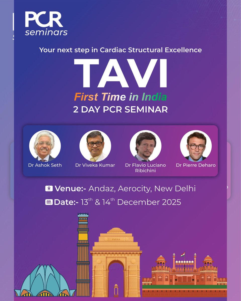 Dr_Vivekakumar's tweet image. Join us for a two-day PCR seminar on Cardiac Structural Excellence featuring expert sessions from renowned specialists such as Dr. Ashok Seth, Dr. Viveka Kumar, Dr. Flavio Luciano Ribichini, and Dr. Pierre Deharo.

#TAVI #CardiacStructuralExcellence #PCRSeminar #HeartCare