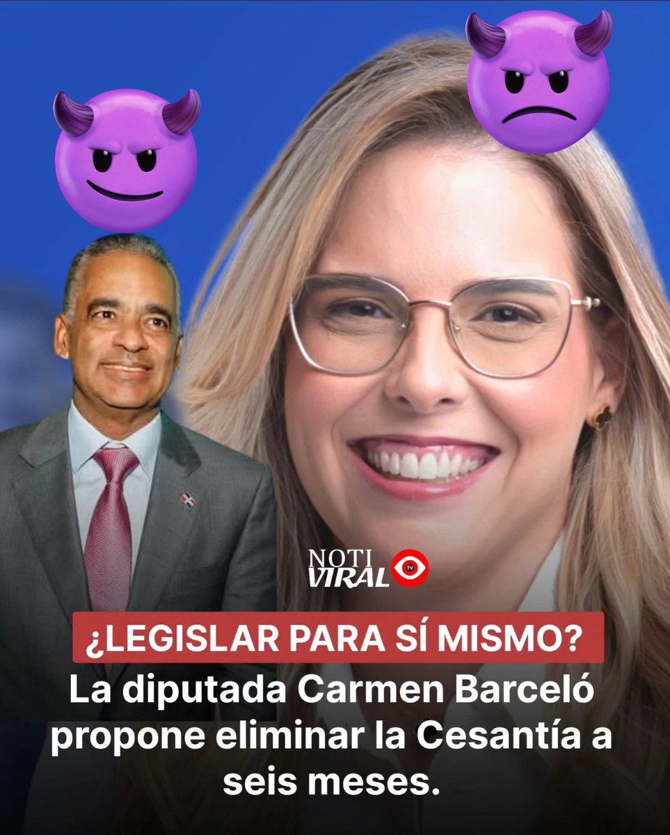 “Legislar para sí misma” 🧐
La diputada del PRM y empresaria Carmen Ligia Barceló, esposa del ministro de Energía y Minas, propone limitar la cesantía a solo seis meses dentro de la reforma al Código Laboral.

Una medida que muchos consideran legislar en beneficio propio, algo