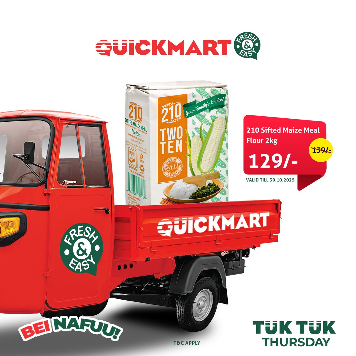 QuickmartKenya's tweet photo. It’s TukTuk Thursday, and the deals are wheeling out! 🛒 Our vibrant tuktuk pop-up is set up and loaded with discounts you won't want to miss.

Shop online from our website https://t.co/6KkQEljJvp

Download the app https://t.co/Ik35IaN7gk

#TukTukThursday
#QuickmartAt19
#19YearsStronger
#BeiNafuu
#FreshAndEasy