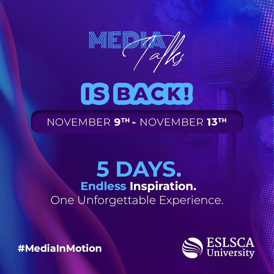 ESLSCA_EG's tweet image. 🎤 MEDIA TALKS IS BACK!

From November 9th to November 15th, get ready for 5 days of endless inspiration and one unforgettable experience!

Big names. Bold ideas. Boundless creativity.

Are you ready to put #MediaInMotion? 💥

#ESLSCAUniversity #MediaTalks #GettingYouFutureReady