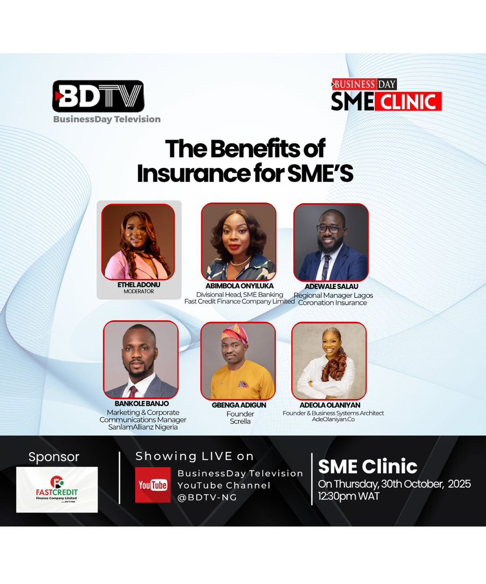 lindaOchugbua's tweet image. SME CLINIC -!!

Thursday, October 30, 2025
12:30 PM WAT
Watch LIVE on BusinessDay Television YouTube Channel – @BDTV

Proudly sponsored by Fast Credit Finance Company Limited.

#BusinessDay #SMEClinic #BDTV #SME #InsuranceForSMEs #Entrepreneurs #BusinessGrowth