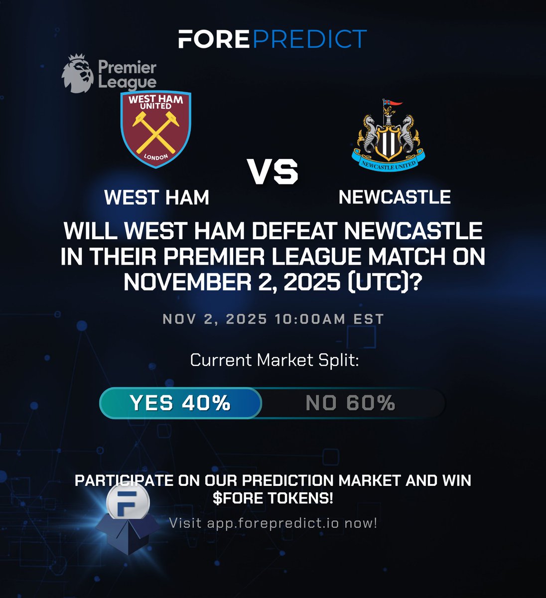 FORE_Predict's tweet image. Will West Ham pull off a shock home victory against a resurgent Newcastle United on November 2nd? Cast your prediction and stake on the outcome here▶️app.forepredict.io/categorical_ma… for a chance to win $FORE tokens!
#EPL #predict #FOREPredict #predictionmarket #sports $FORE