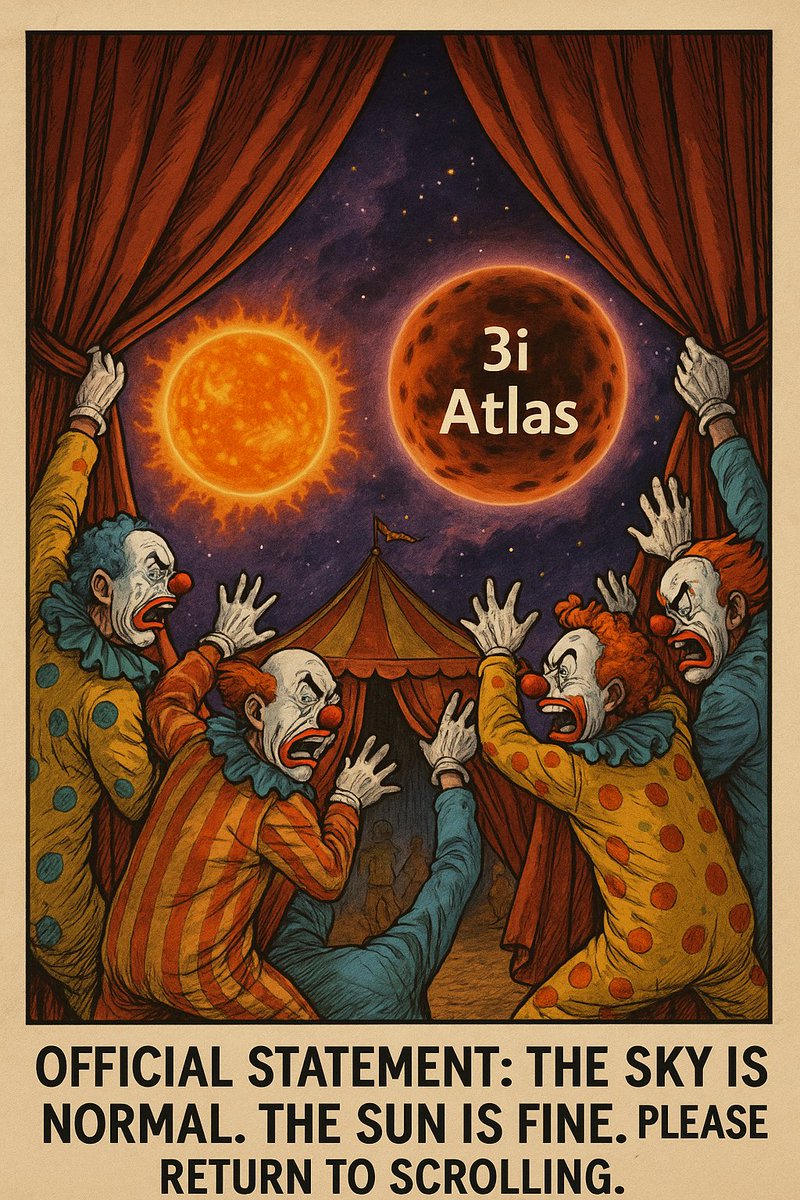 LynxTotem's tweet image. The clowns are trying to close the curtains.
The Sun and 3I Atlas are having a full-on cosmic face-off.
But don’t worry — the official statement says:

“The sky is normal. The Sun is fine. Please return to scrolling.”
😂☄️🔥

#3iatlas #solaractivity #spaceweather #redstar #cme