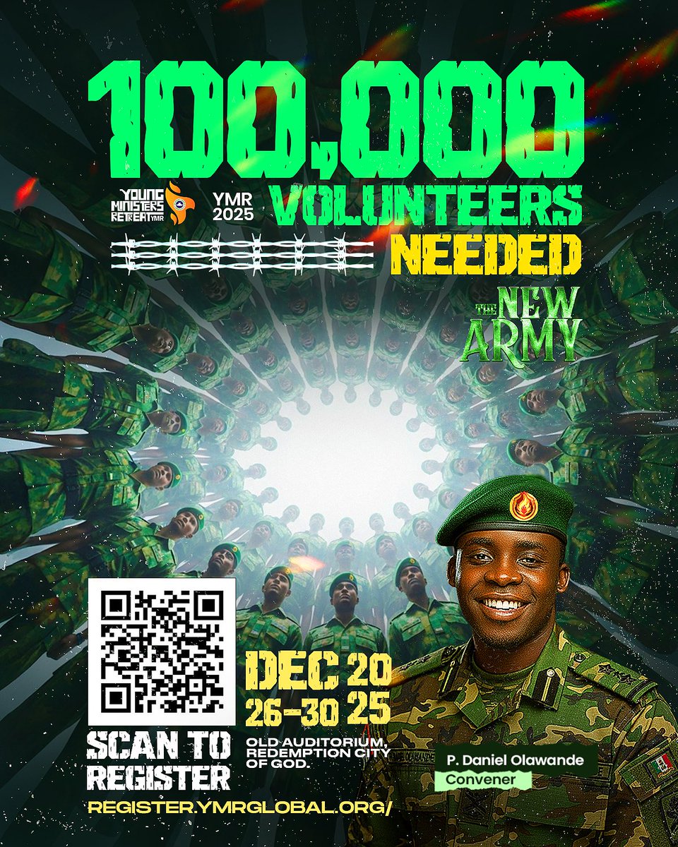 YMR 2025 is here!

Join the 100,000 volunteers who will be serving in various departments at YMR 2025

Register now at: ymrglobal.org

It's time to serve and be serviced by God.

Join the 1 million participants at the YMR 2025

#Ymr2025
#thenewarmy
#onemillionhalleluyah