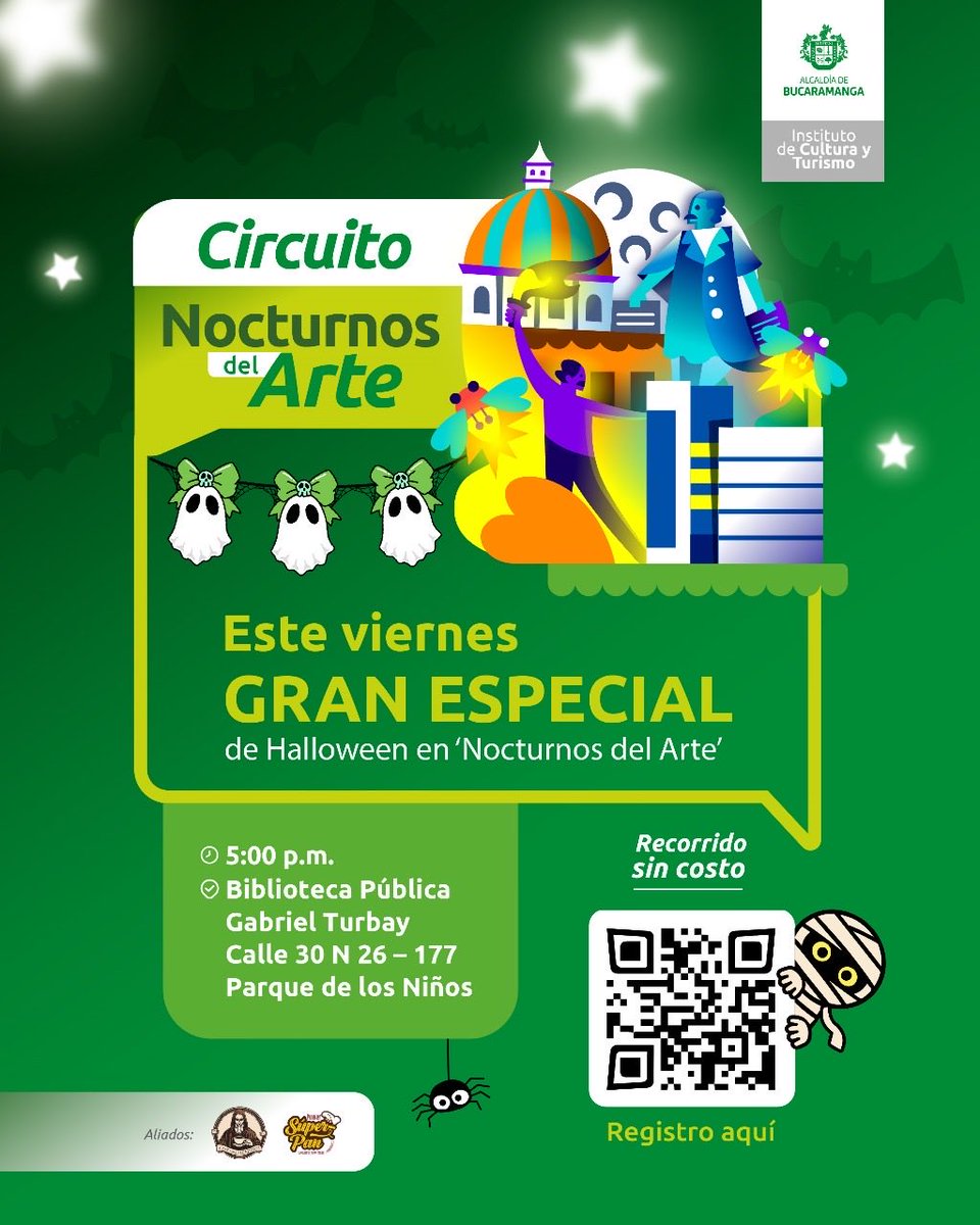 🎃Este viernes tendremos el GRAN ESPECIAL DE HALLOWEEN, nuestro circuito turístico “Nocturnos del Arte” será diferente 

¿Ya están preparados? Nos vemos desde las 5:00 p.m. En la Biblioteca Pública Gabriel Turbay ¡Será una noche llena de grandes historias!👻
