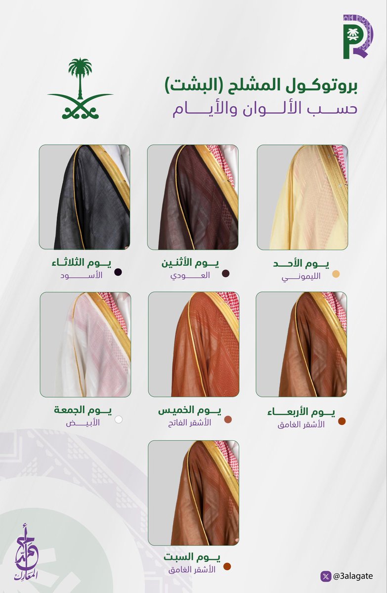 ✨تحديث في بروتوكول ألوان البشوت والمشالح الرسمية:

تم استبدال اللون البيج المخصص ليوم الخميس بـ الأشقر الفاتح، في خطوة تعكس تجديدًا في المراسم وحرصًا على تطوير الهوية الرسمية، ويكتسب هذا التغيير أهمية خاصة للمختصين بالبروتوكول والمهتمين بأدق التفاصيل الرسمية.

#بروتوكول_المشلح