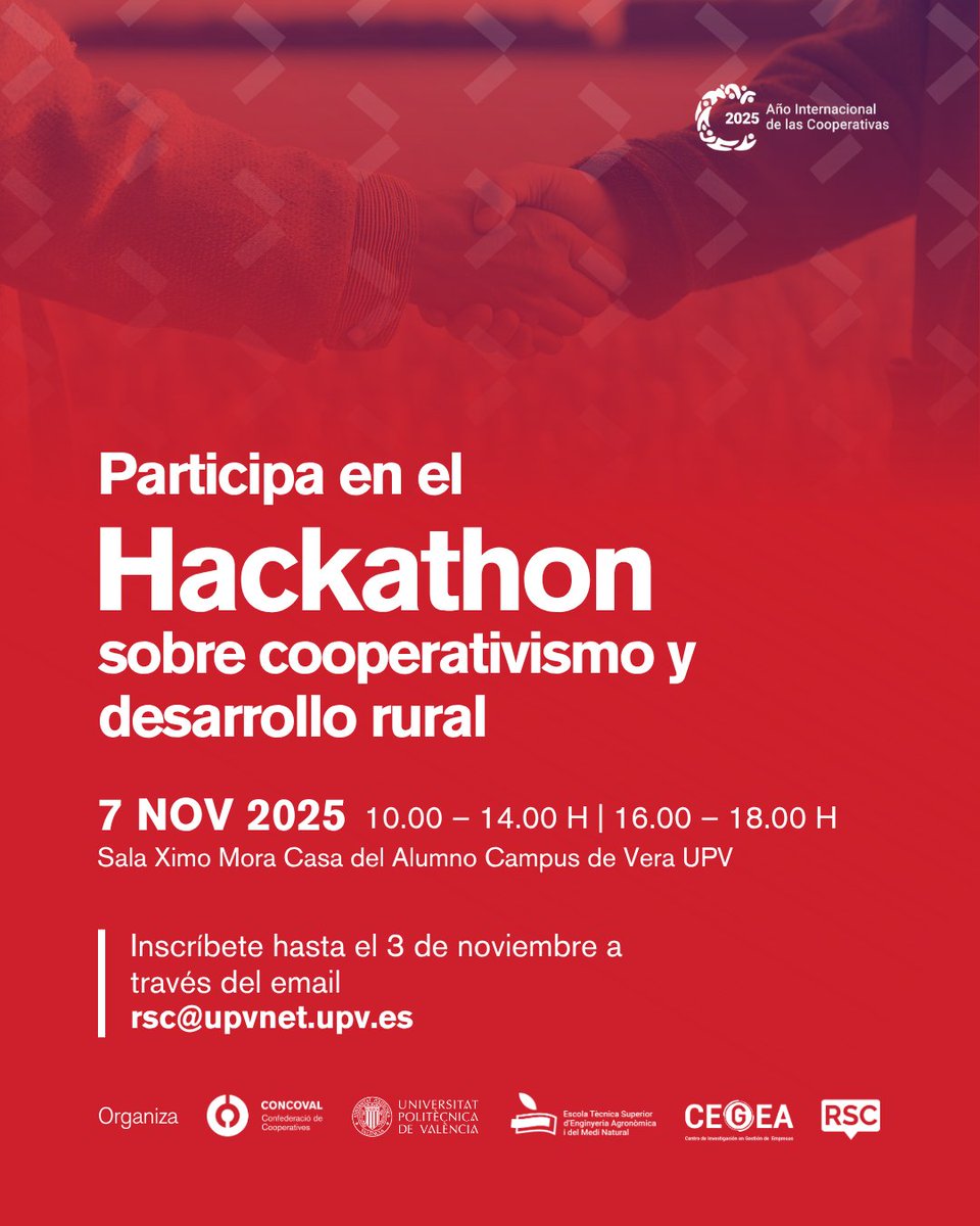 🌾 El cooperativismo como motor del desarrollo rural y respuesta al reto demográfico.

El 7 de noviembre el cooperativismo vuelve a las aulas de la <a href="/UPV/">Universitat Politècnica de València</a>, con una jornada hackathon dirigida al alumnado de Ingeniería Agronómica y del Medio Natural.

🤝 Con la colaboración de