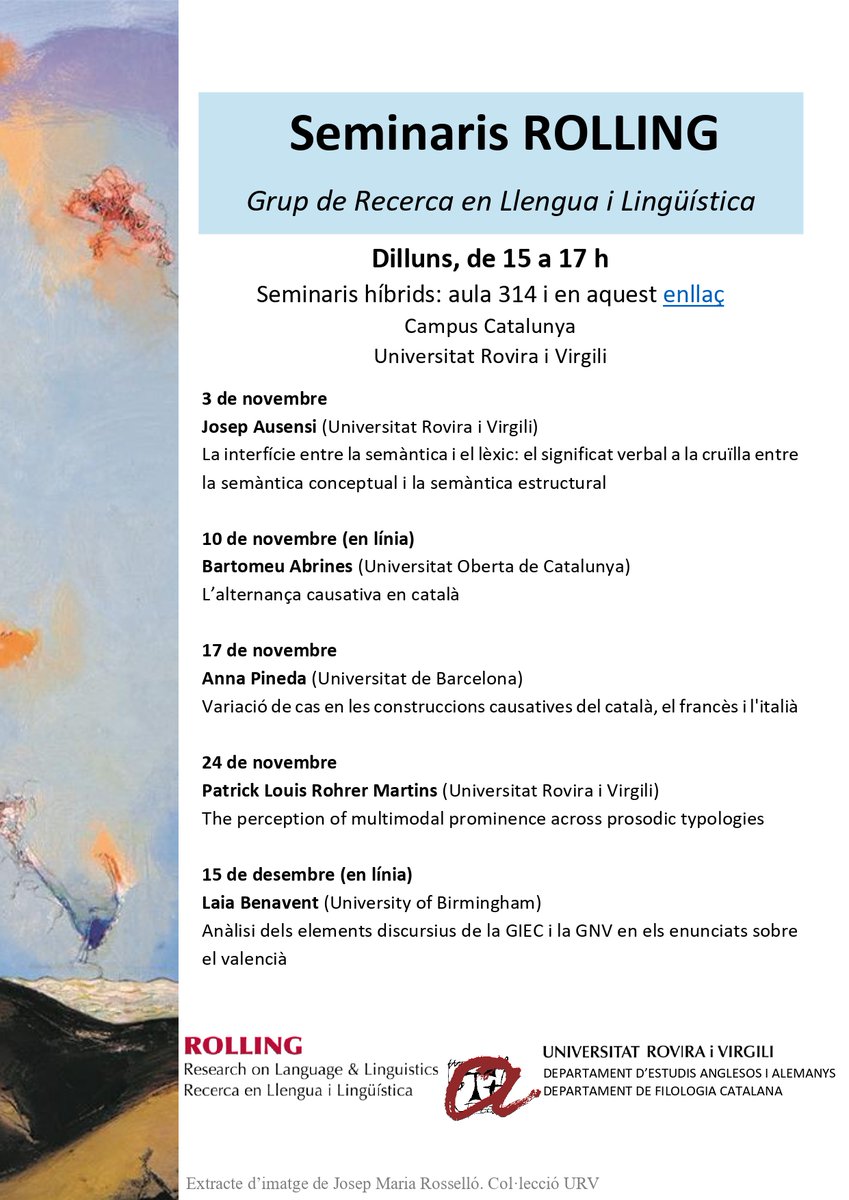 📢Us presentem els seminaris ROLLING dels mesos de novembre i desembre! Comencem el dilluns 3 amb el Josep Ausensi (URV)! 
--
 📢Here you have the ROLLING seminars for November and December! We start next Monday 3 with Josep Ausensi (URV)!