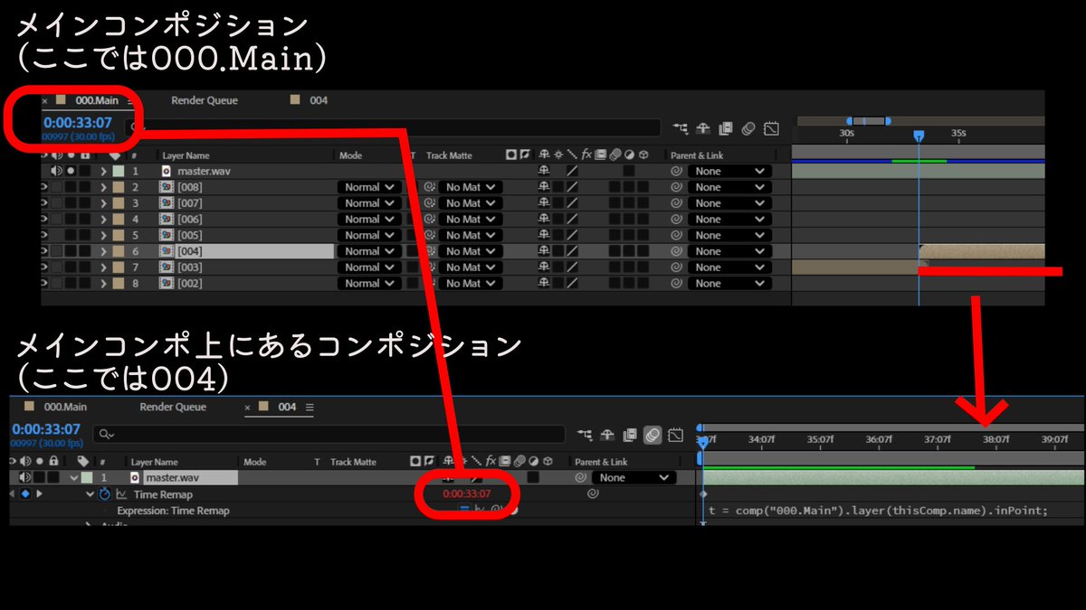 せっかくクリエイターさんと繋がったから、まずはAeでMV作る人に役立つかもしれないエクスプレッション置いておきます！
メインコンポジション上で置かれた位置を参照して音楽の開始位置を決めるエクスプレッション

リプに続く