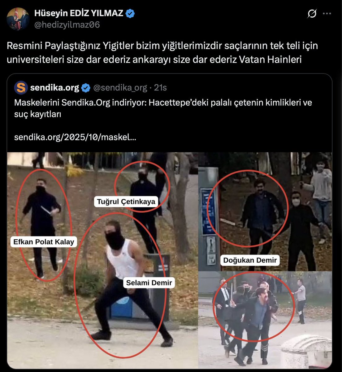 MHP ve Ülkü Ocakları yöneticileri Hacettepe'deki palalı saldırganları sahiplendi: "Biz adamları komple indirmişiz..."

sendika.org/2025/10/mhp-ve…