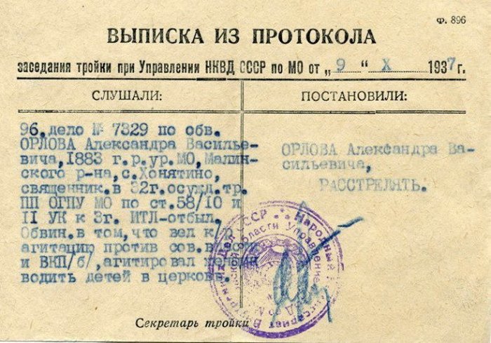 Типичная выписка из протокола заседания тройки НКВД. СССР. 9 октября 1937 г.