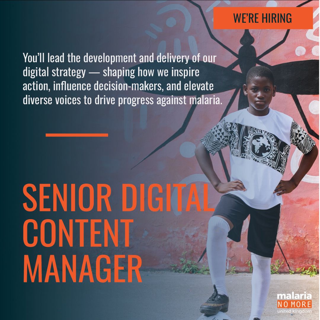 malarianomoreuk's tweet photo. We're in search of a new team member to spearhead our digital content strategy, ensuring we impact decision makers and inspire global action, so that we become the generation to end malaria. Fidn out more 👉 https://t.co/4vb2AMzgTF #ZeroMalaria #GlobalHealth https://t.co/ScJwIHw6R5