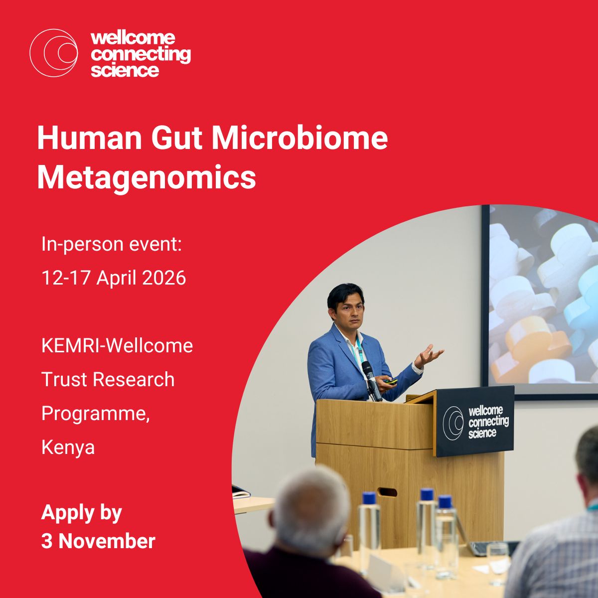 eventsWCS's tweet image. Last call for #GutMetagenomics26 applications🧬

Apply for free Human Gut Microbiome Metagenomics training in Africa, by 3 November⏰

🗓️12-17 April 2026 + post-course mentoring and #SciComms skills development support.
📍 @KEMRI_Wellcome
 Find out more 👉🏾 bit.ly/4glu44N