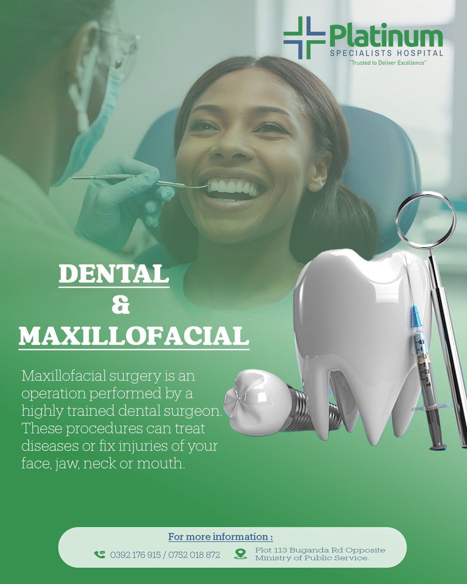 The Dental and Maxillofacial clinics are open Monday to Friday. 

Visit us at Plot 113 Along Buganda Road or call 
039 2176915 / +256 752 018872 for appointments.