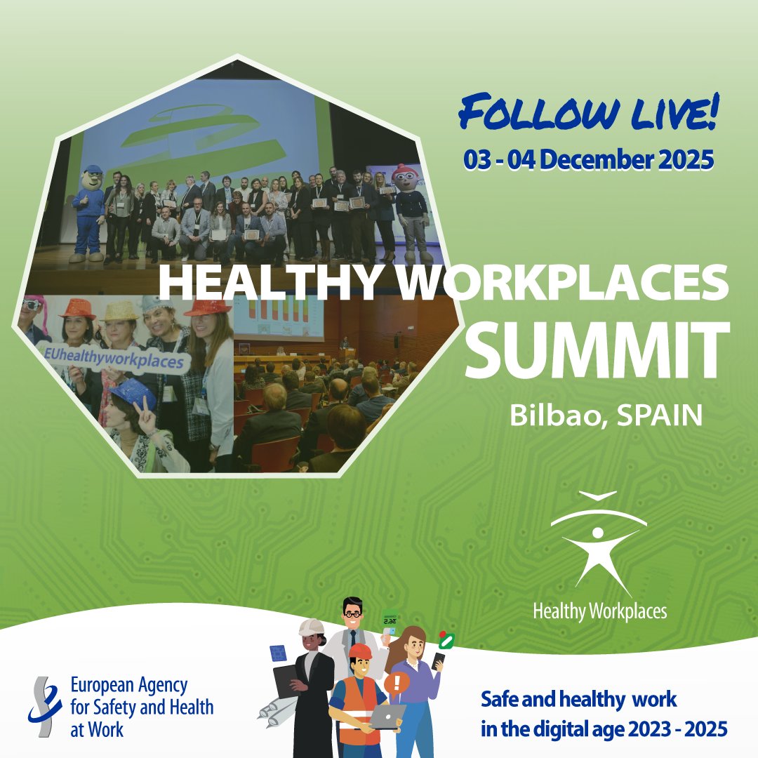 EU_OSHA's tweet image. 📢 The Healthy Workplaces Summit is taking place in Bilbao on 3-4 Dec and will mark the end of our #EUhealthyworkplaces campaign.

We will discuss workplace #digitalisation and celebrate the Good Practice Awards winners. It will also be livestreamed!

osha.europa.eu/en/highlights/…