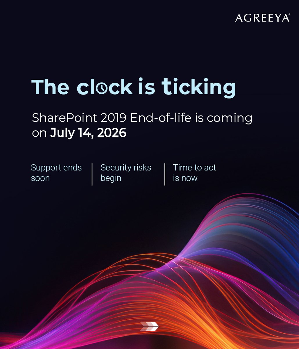 AgreeYaGlobal's tweet image. The clock is ticking — SharePoint 2019 reaches End-of-Life on July 14, 2026. This means no support, no security & high risks. Partner with AgreeYa to plan a seamless migration to SharePoint Online. Book now: bit.ly/3X8Rrpr
#SharePointMigration #Microsoft365