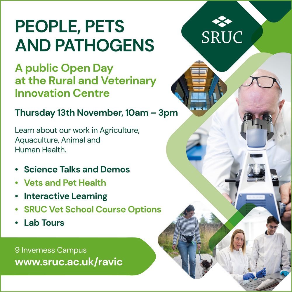 SRUCVets's tweet photo. People, Pets and Pathogens 🧫
Explore the science of health and innovation at RAVIC’s Open Day!
📅 Thurs 13 Nov | 10am–3pm | Inverness Campus
🐕 Furry friends welcome https://t.co/W9mjGKGIqe