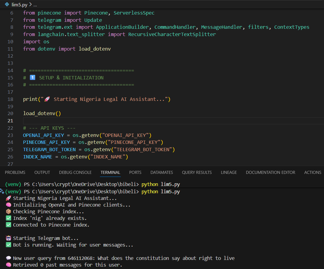 DDataknight's tweet image. Built this simple RAG solution using python, It helps users understand Nigerian laws 🇳🇬, from the Constitution to Tax and Traffic Acts, through natural language queries on Telegram 🤖

Powered by #OpenAI, #Pinecone, and #LangChain for smart retrieval and context-aware answers.