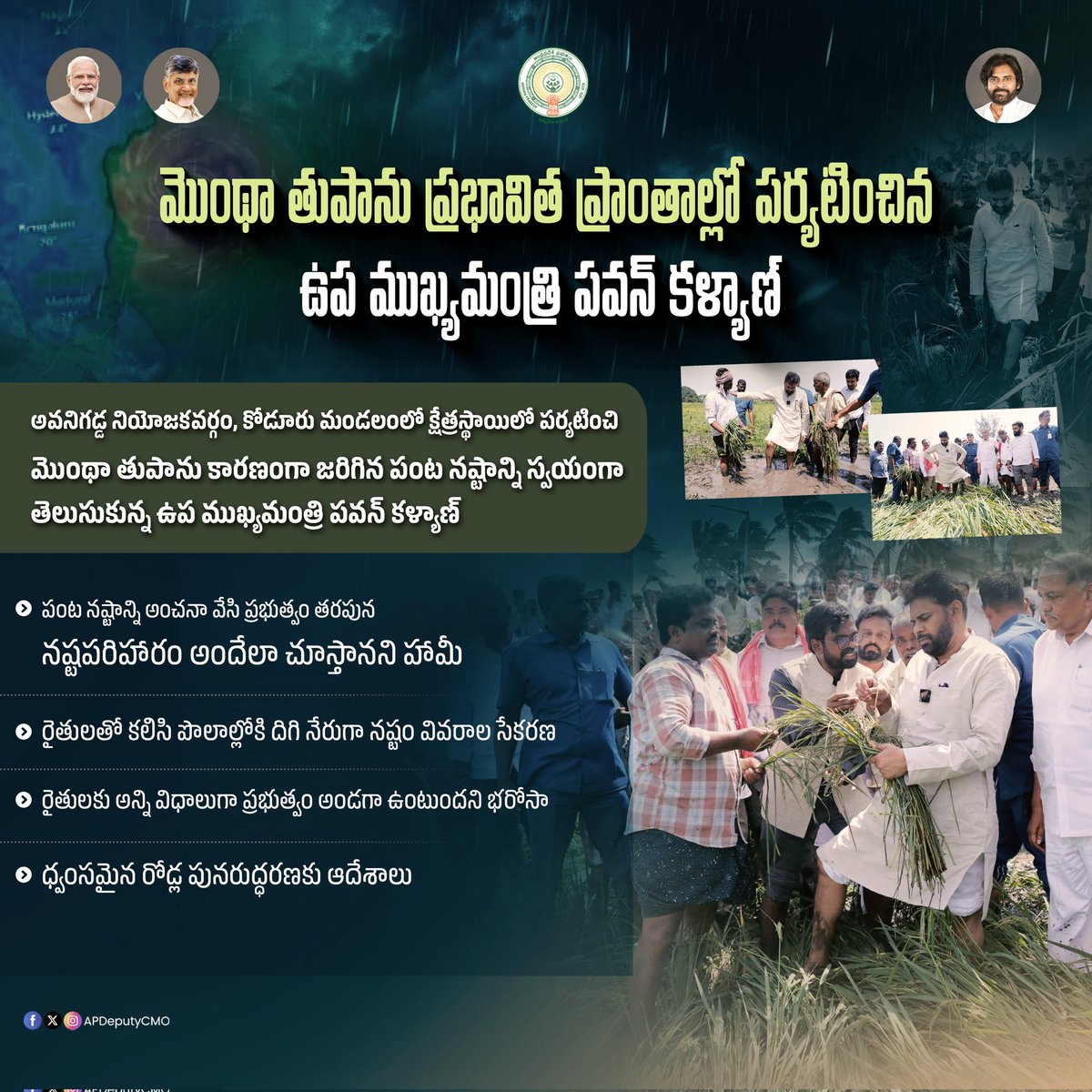 మొంథా తుపాను ప్రభావిత ప్రాంతాల్లో పర్యటించిన ఉప ముఖ్యమంత్రి <a href="/PawanKalyan/">Pawan Kalyan</a>

అవనిగడ్డ నియోజకవర్గం, కోడూరు మండలంలో క్షేత్రస్థాయిలో పర్యటించి మొంథా తుపాను కారణంగా జరిగిన పంట నష్టాన్ని స్వయంగా తెలుసుకుని, తుపాను వల్ల నష్టపోయిన ప్రతి రైతును ఆదుకుంటామని హామీ ఇచ్చిన ఉప ముఖ్యమంత్రి పవన్