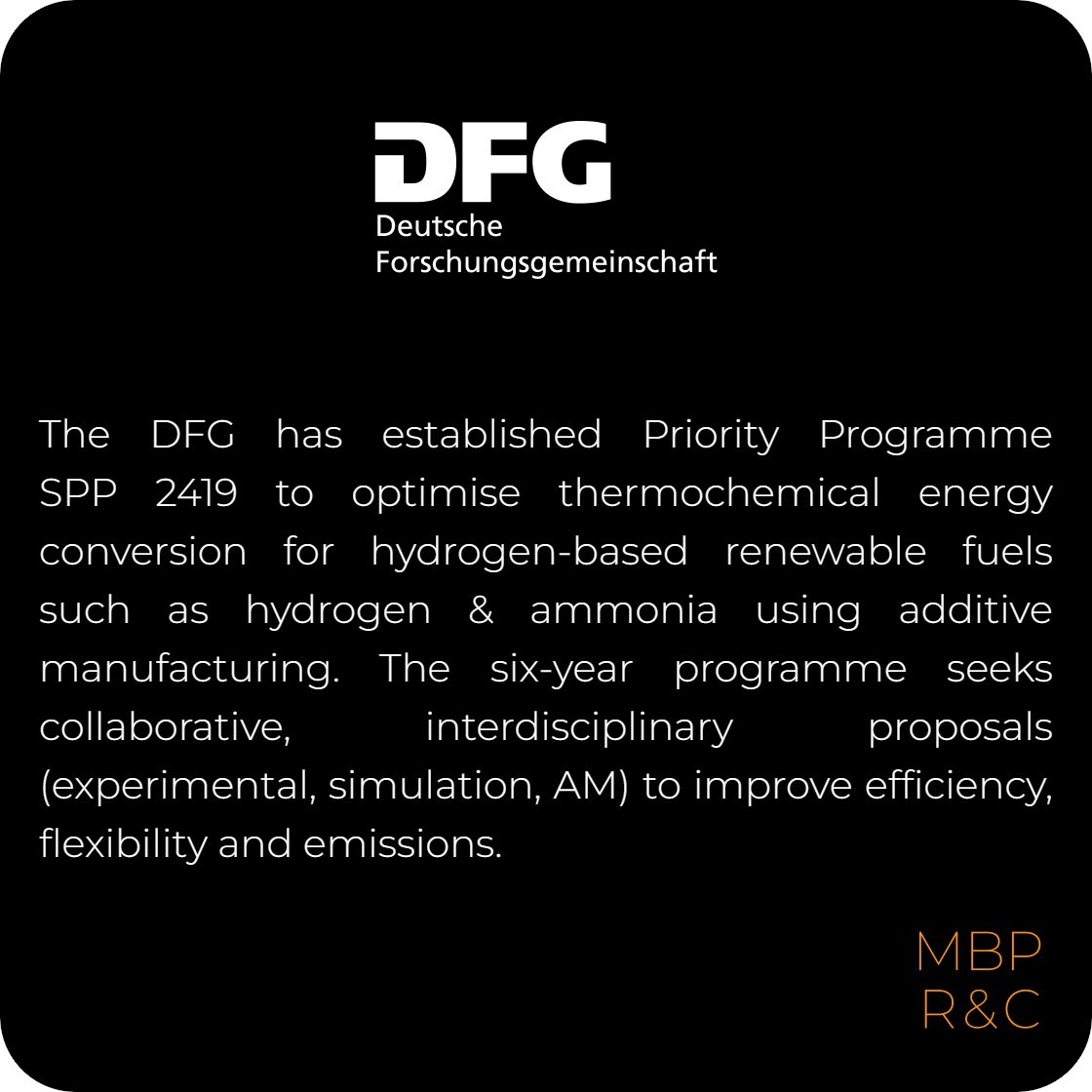 📢combustion &amp; additive manufacturing researchers—the #DFG invites proposals for H2-based thermochemical energy conversion 
📅Register 24 March📅Deadline 31 March
🏷️Know someone who should apply? Tag them
#CallForProposals
#ResearchFunding
#EnergyTransition
<a href="/ImMatthewP/">Matthew Plutschack</a>
