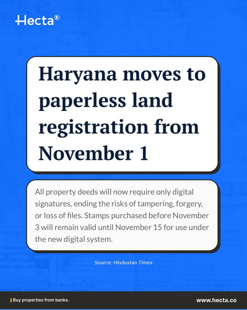 HectaProptech's tweet image. New era for real estate in #Haryana!

- No manual signatures, only digital ones → less risk of tampering. 
- All payments through the e-governance gateway → transparent and auditable. 
- GPS and online demarcation fight boundary disputes and save hassles.
